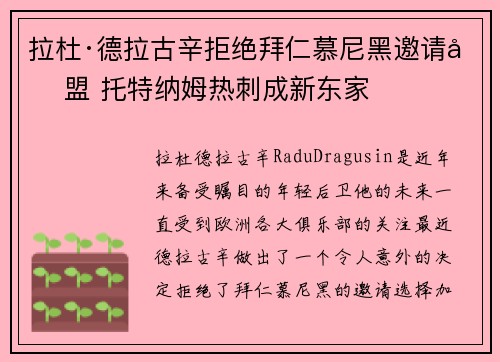 拉杜·德拉古辛拒绝拜仁慕尼黑邀请加盟 托特纳姆热刺成新东家 拉杜·德拉古辛拒绝拜仁慕尼黑邀请加盟 托特纳姆热刺成新东家