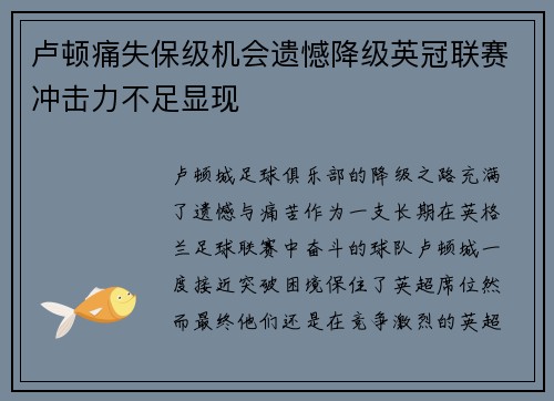 卢顿痛失保级机会遗憾降级英冠联赛冲击力不足显现 卢顿痛失保级机会遗憾降级英冠联赛冲击力不足显现
